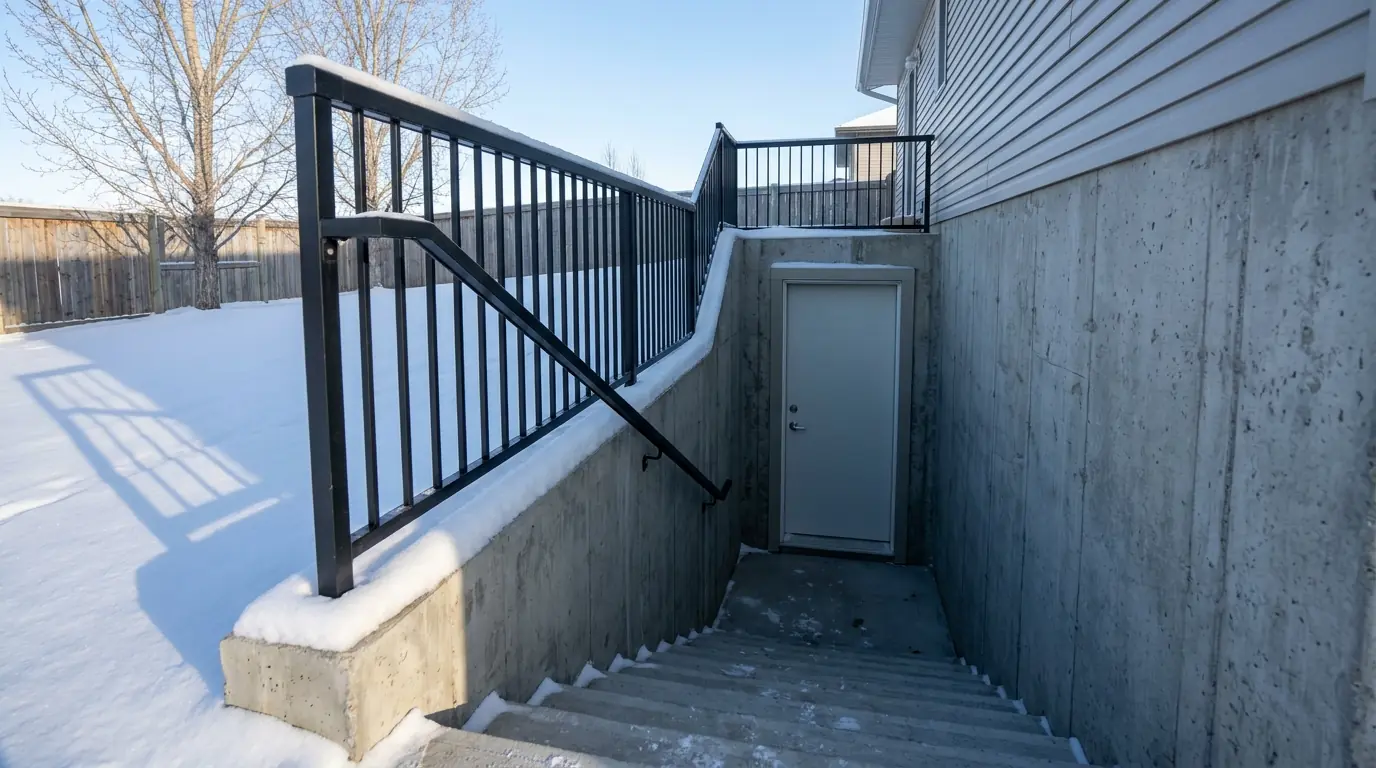 A snowy side yard in winter with a basement stairwell set into it, poured concrete retaining walls and a black steel guard rail edging the drop to a door.