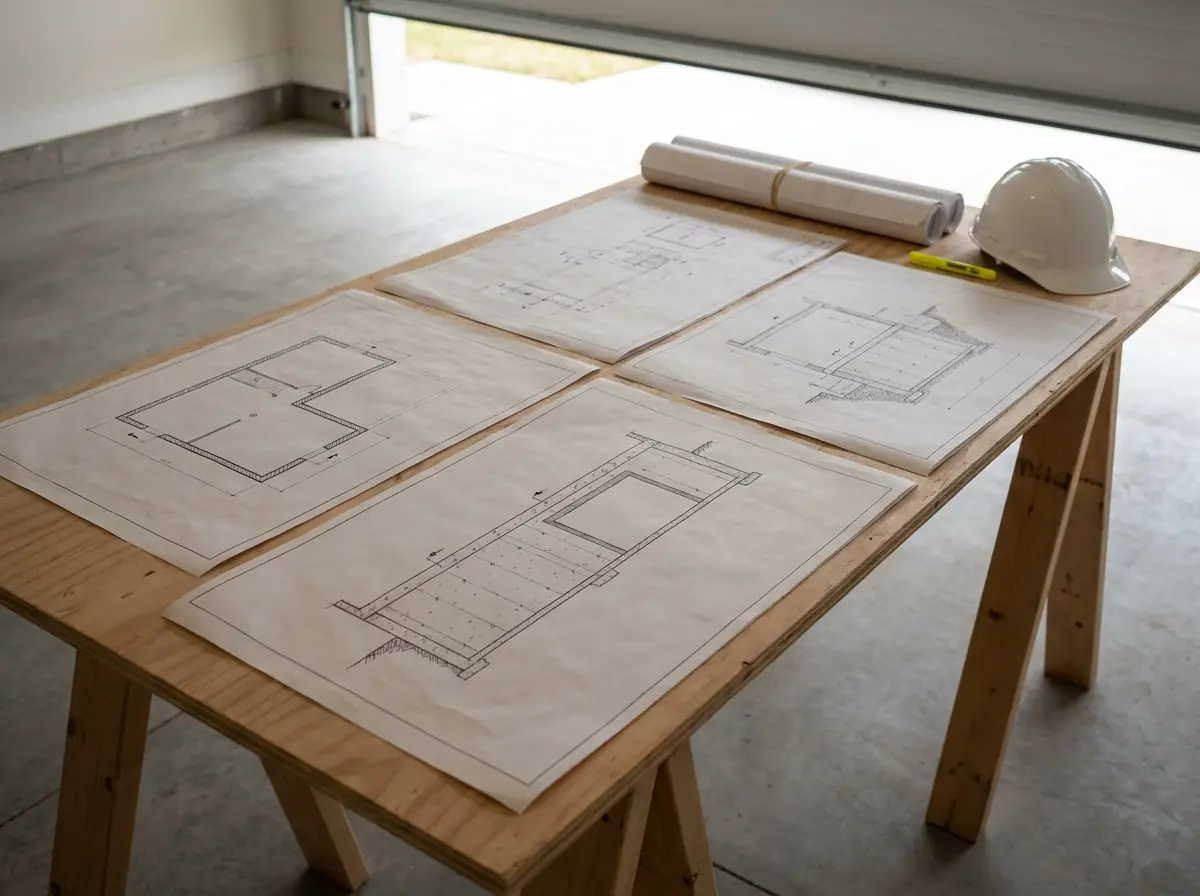 Plan sheets for a new basement window opening spread over a plywood sheet on sawhorses in a garage, lit by daylight from the open overhead door behind.