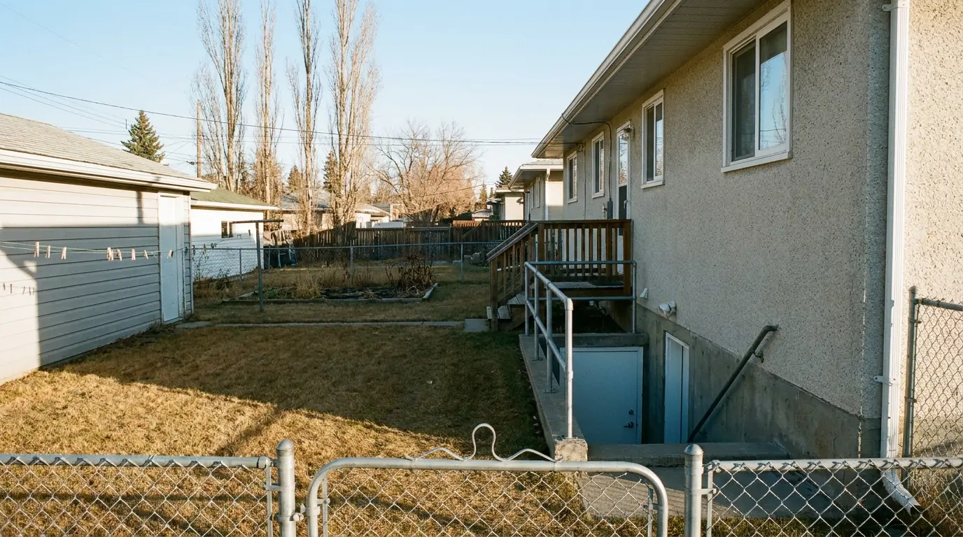 A 1960s bungalow seen across its backyard from a gravel lane, a stairwell sunk into the lawn against the house leading down to a basement suite door.