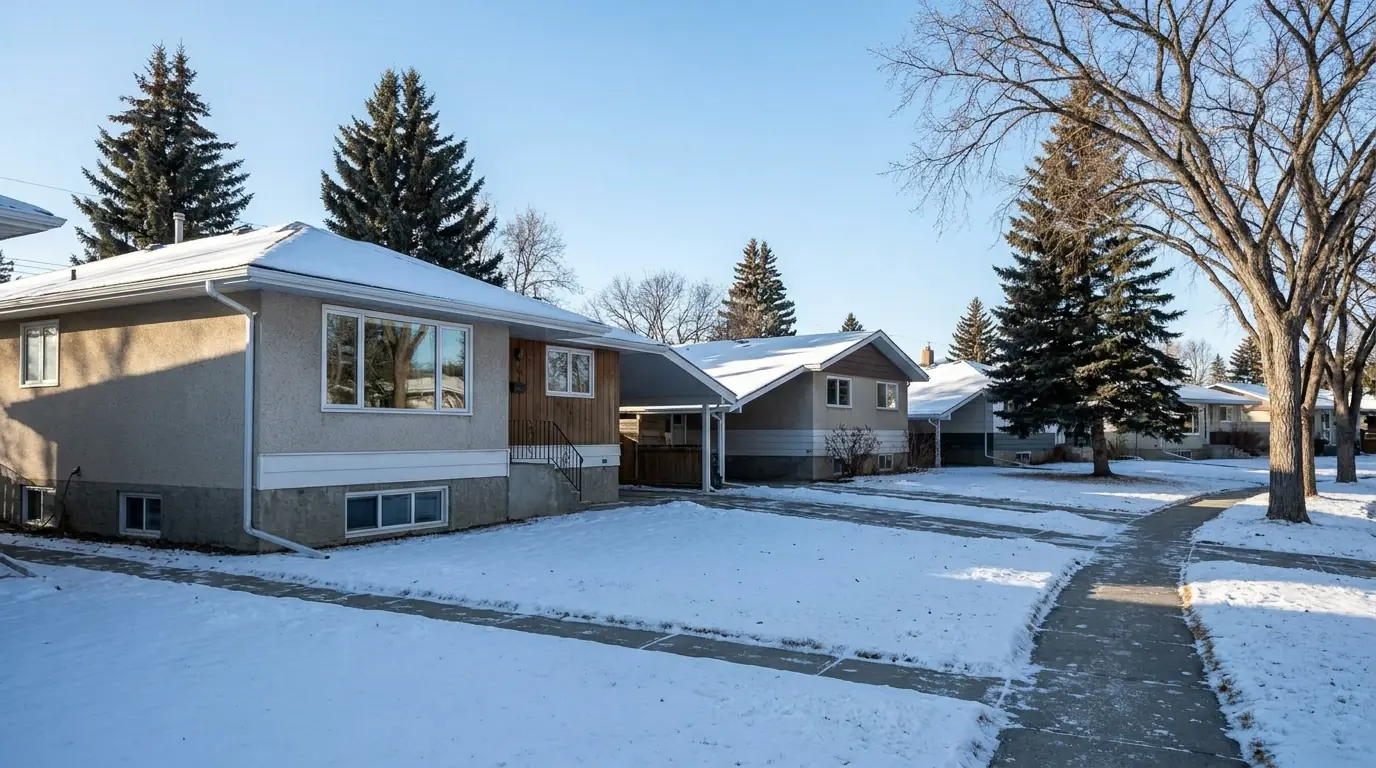 A curving Calgary crescent of 1960s bungalows and split-levels under light snow, with low foundations and small basement windows along each house front.