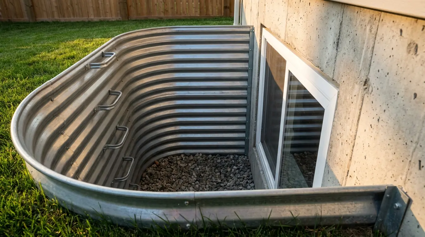 Looking across the rim of a deep galvanized window well whose stamped steel ladder steps climb from the drainage stone past a basement window below the lawn.