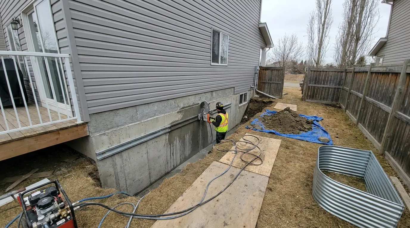 An elevated view down a side yard at a trench dug against a house, a wall saw on a track below the lawn, hoses back to a power pack and clay heaped on a tarp.