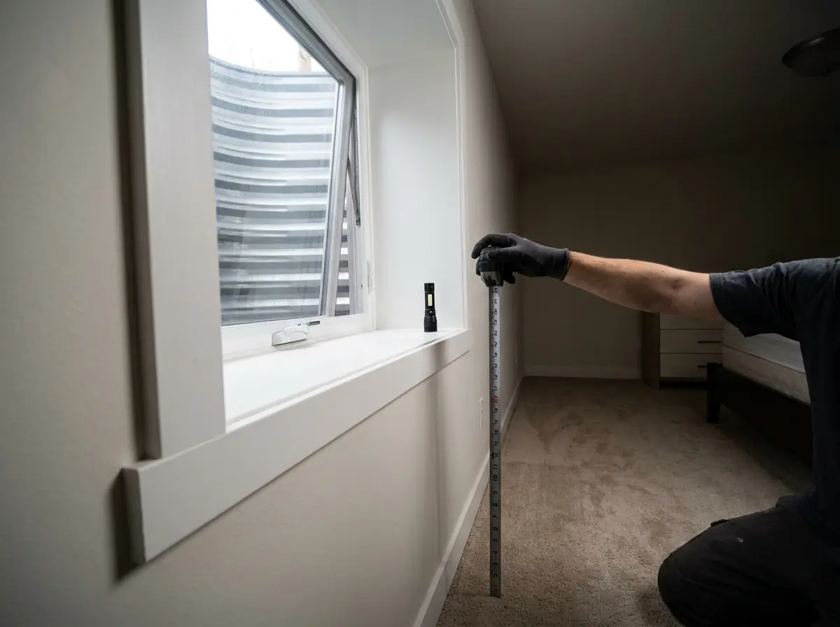 A steel tape run straight up from the carpet to the sill of an open casement window in a finished basement bedroom, a flashlight resting on the deep sill.