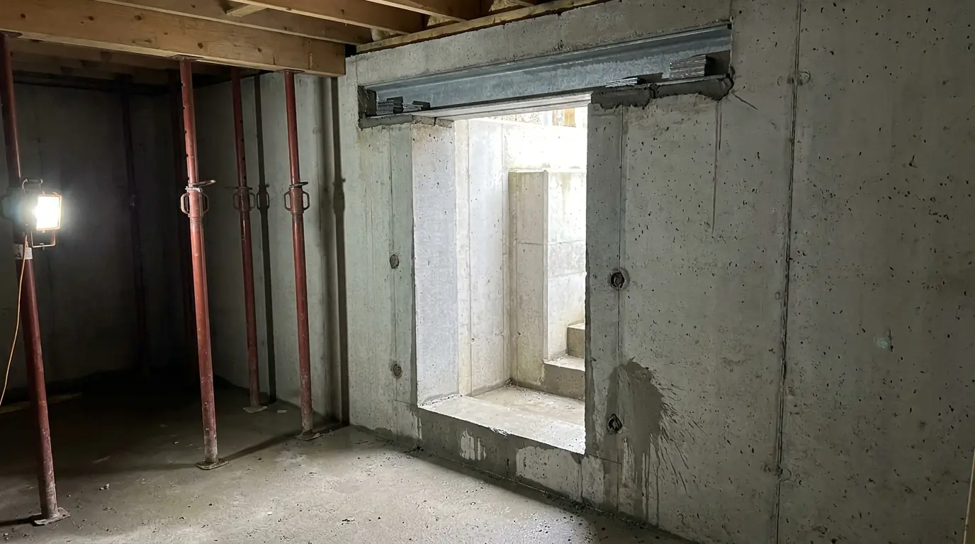 From inside a basement, a steel angle lintel spanning the head of a doorway sawn through poured concrete, both ends bearing on solid wall beyond the opening.