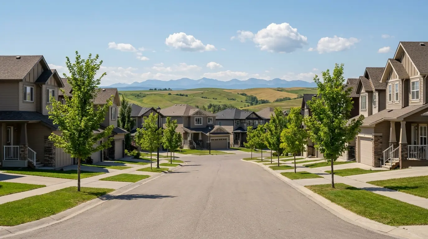 A summer view down a newer Okotoks crescent of two-storey houses with front garages and green boulevards, rolling foothills on the far horizon.