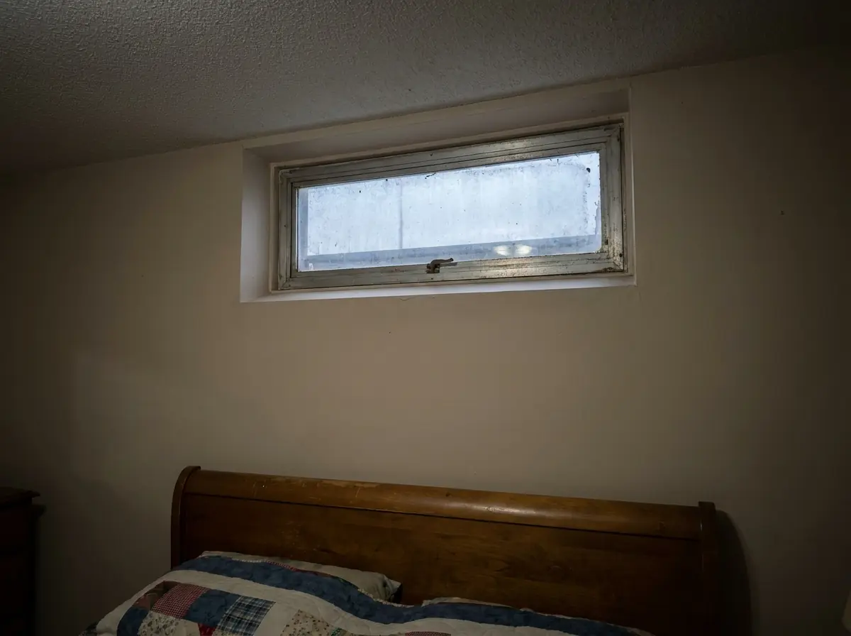 Looking up past a headboard at a narrow old aluminum hopper window, shut tight just under the ceiling of a basement bedroom, far too small to escape through.