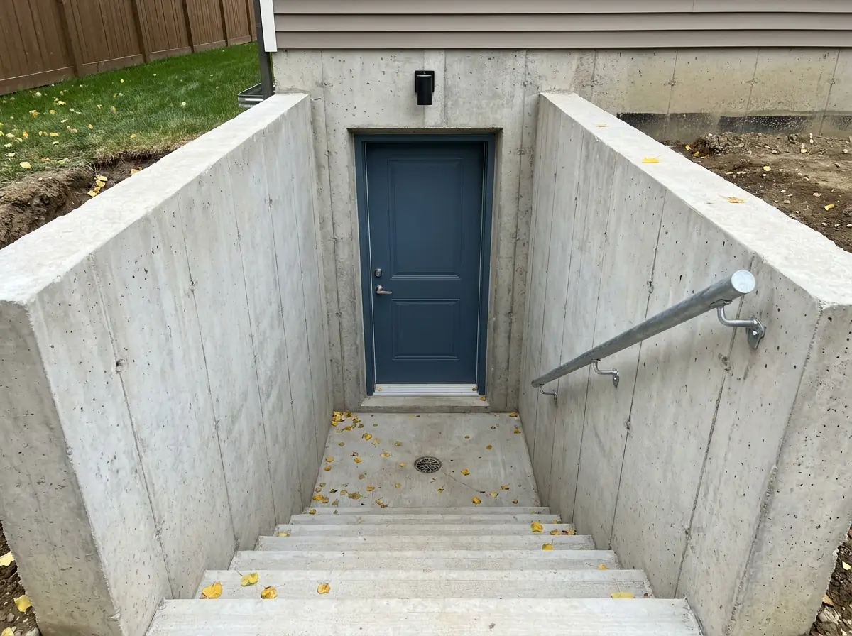 Looking straight down a concrete stairwell from its top step, past a steel handrail and poured retaining walls, to a new blue steel door in the foundation.