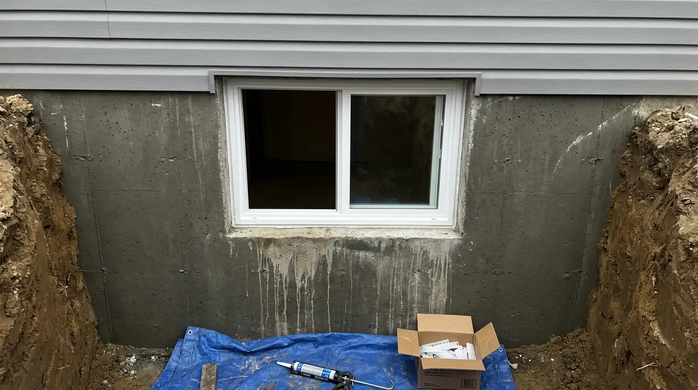 A new white vinyl window freshly set into a square opening sawn through a poured foundation, shims at the jambs, the trench still open and siding above.
