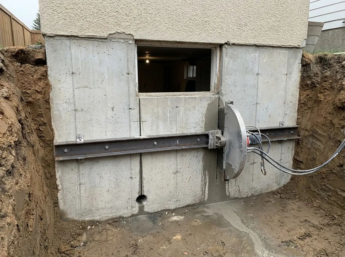 An old basement window taken out of a poured foundation, with a wall saw on its track extending the opening downward in two straight cuts below the old sill.