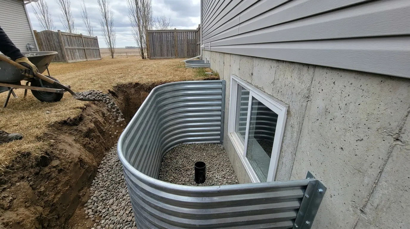 A galvanized window well bolted to a foundation with its dig still open, clean drainage rock going in around a basement window that sits below grade.